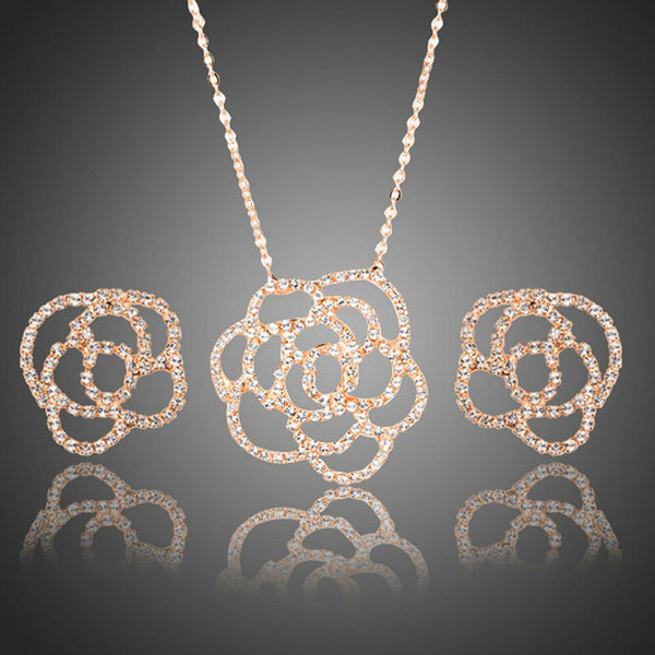 Khaista AAA CZ floral stud earrings pendant necklace set