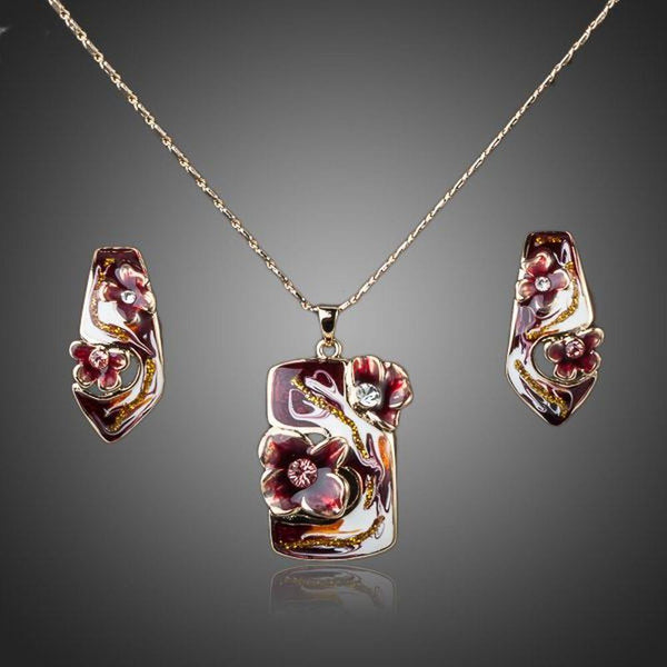 Khaista deep red floral crystal stud earrings necklace set