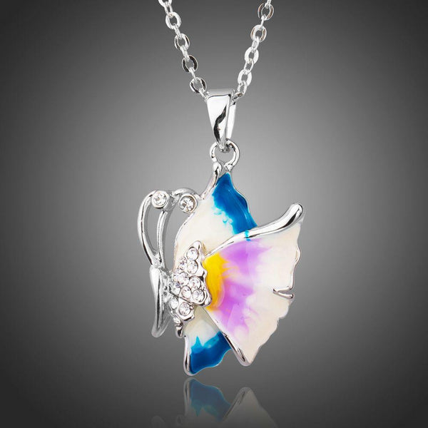 KHAISTA artistic crystal butterfly necklace on white background