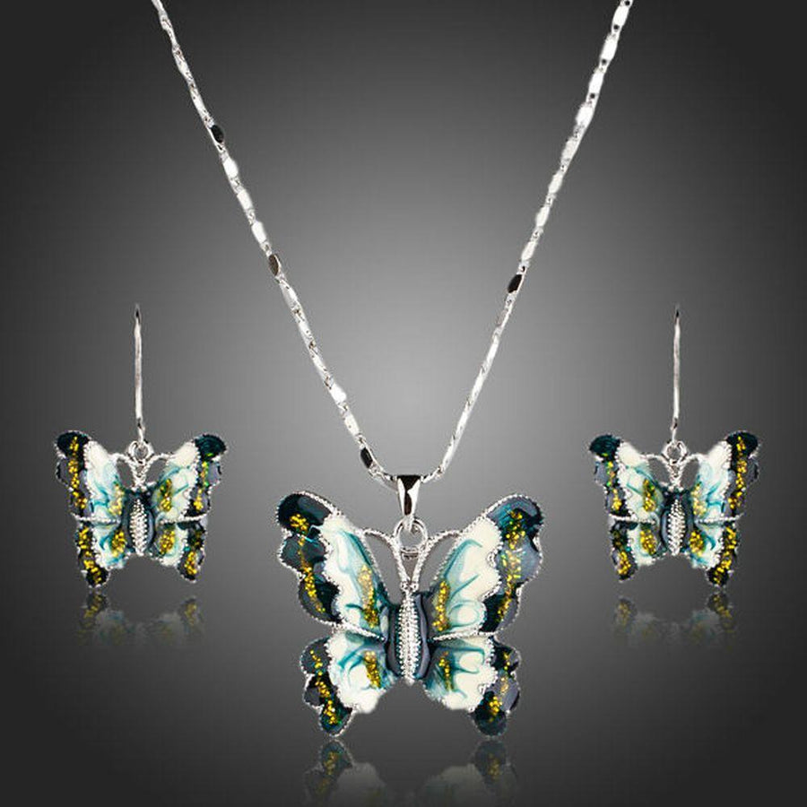 Khaista flying butterfly crystal pendant necklace drop earrings set