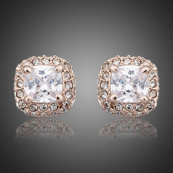 KHAISTA Austrian crystal rectangle stud earrings on white background
