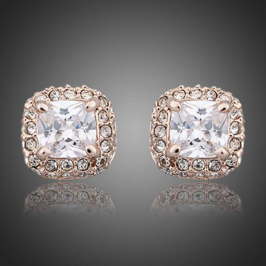 KHAISTA Austrian crystal rectangle stud earrings on white background