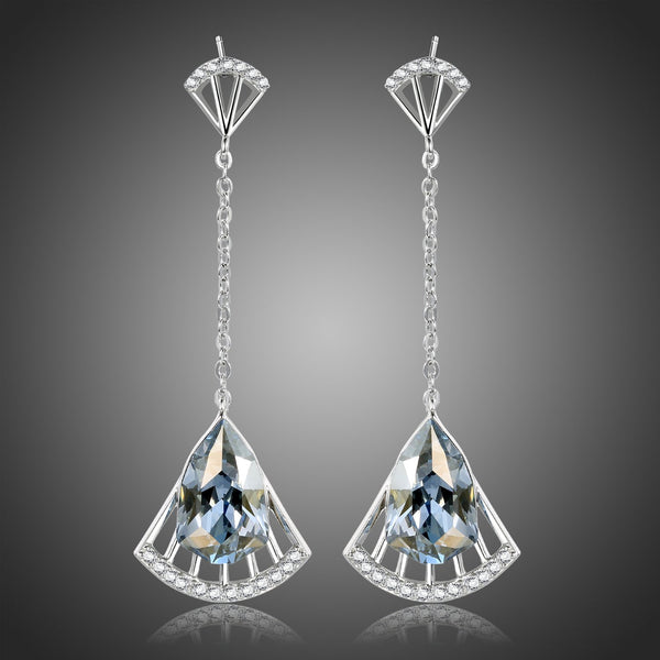 KHAISTA blue Austrian crystal drop earrings on white background