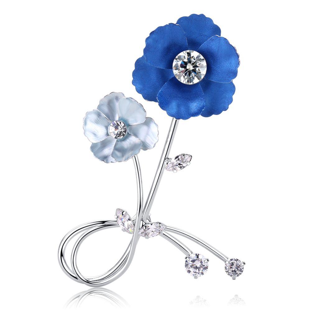 khaista blue double flowers clear cubic zirconia brooch scarf pin image 5