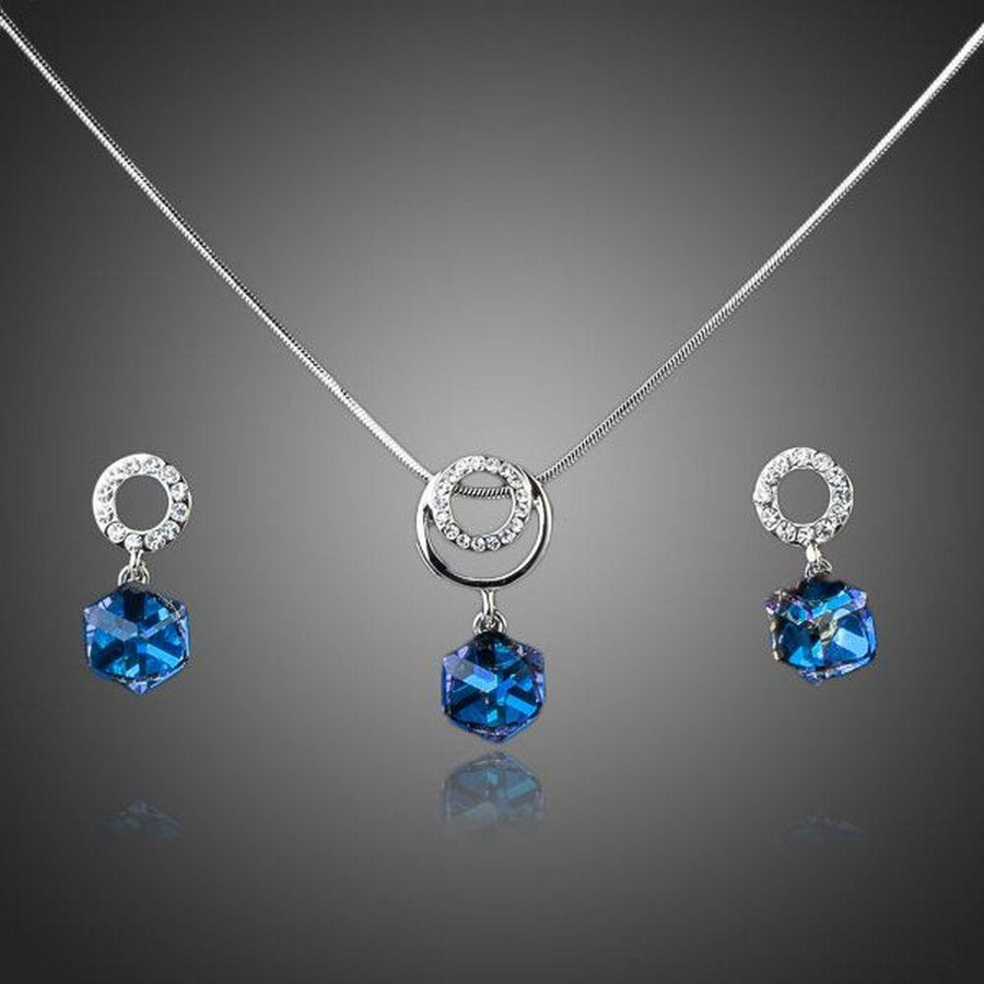 Khaista blue heaven cube crystal drop earrings necklace set