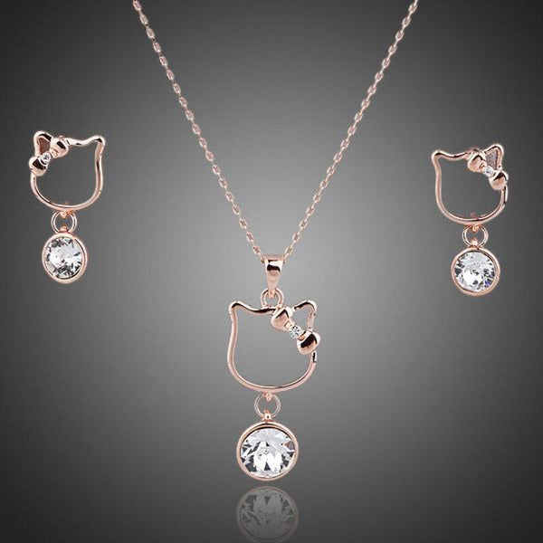 Khaista cat design Stellux rose gold drop earrings necklace set