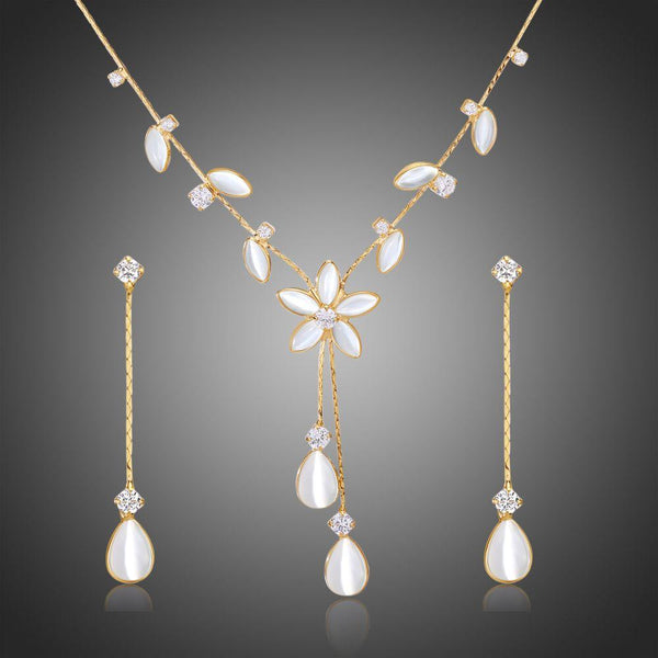 Khaista cat's eye stone floral leaf CZ jewellery set
