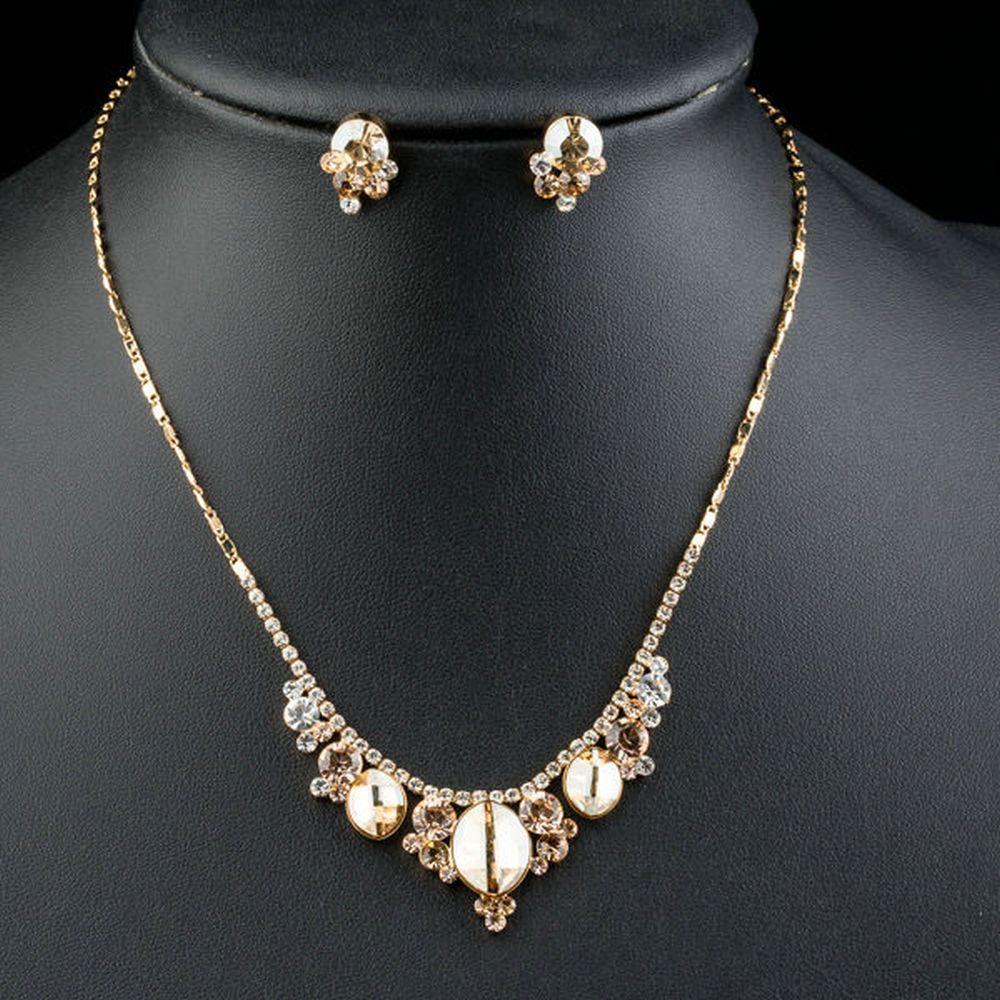 khaista champagne crystal flower stud earrings pendant necklace set image 4