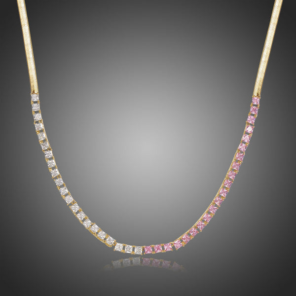 KHAISTA clear CZ long pendant necklace on white background