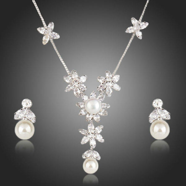 Khaista clear CZ pearl floral pendant drop earrings set