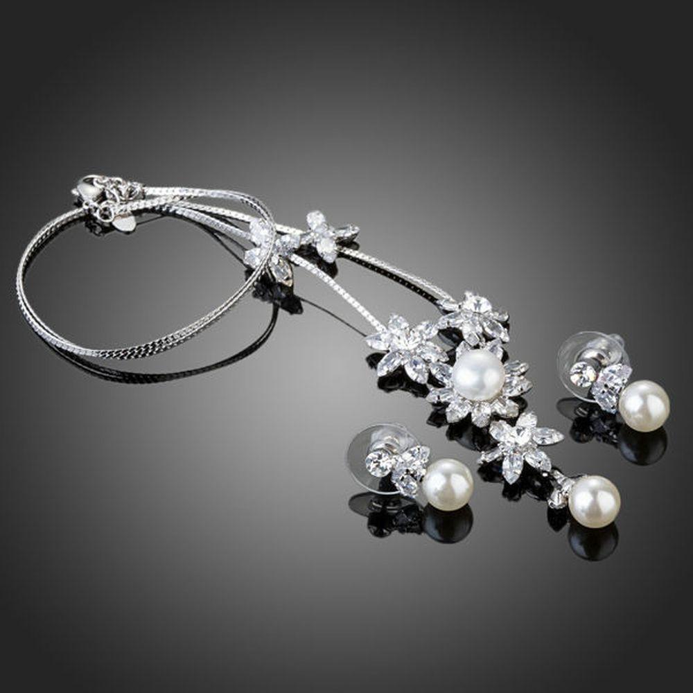 khaista clear cubic zirconia with pearl flower pendant and drop earrings set image 4