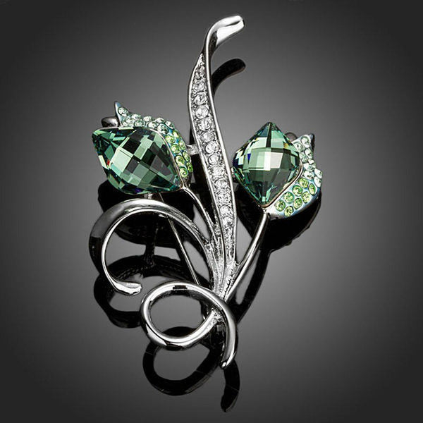 Khaista crystal couple budding flowers brooch on white background