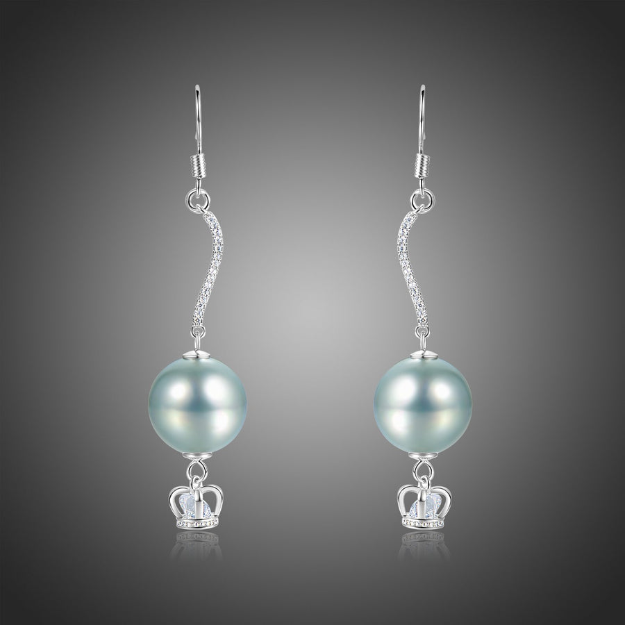 KHAISTA crown pearl drop earrings on white background