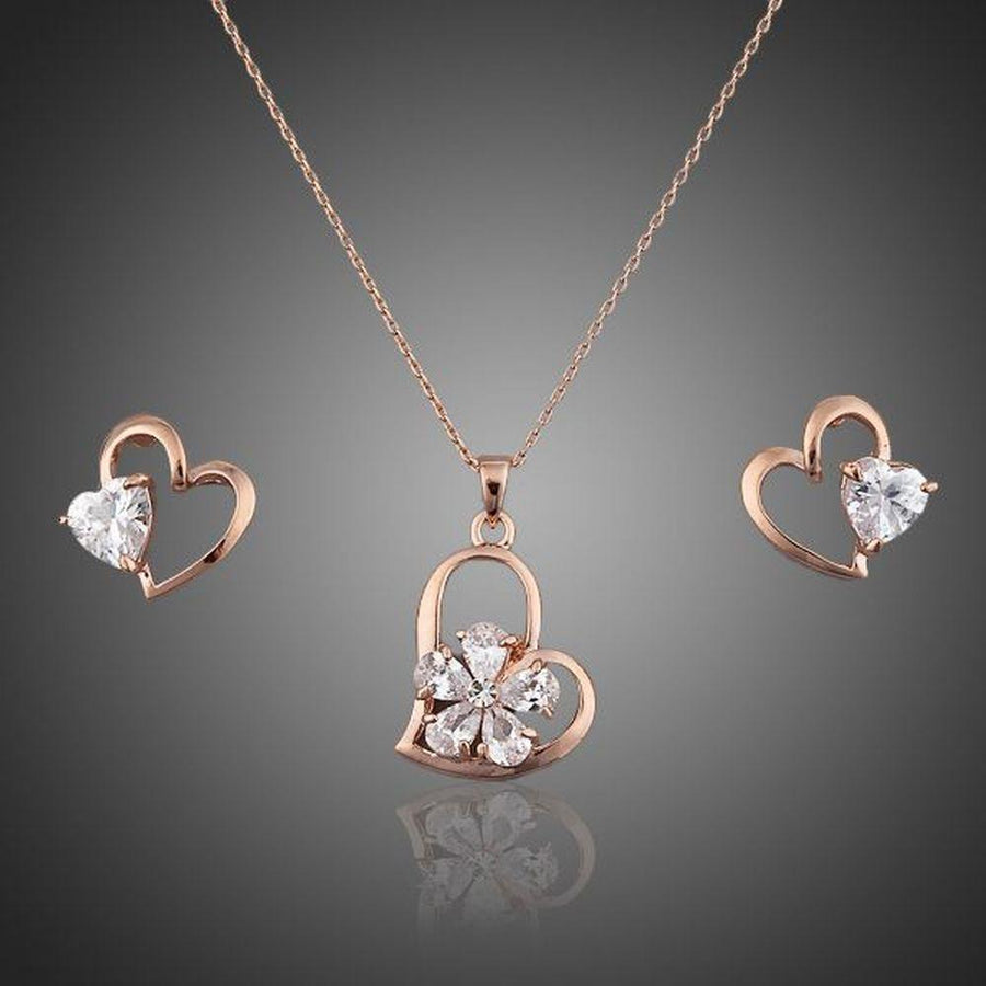 Khaista crystal heart stud earrings necklace set on white background