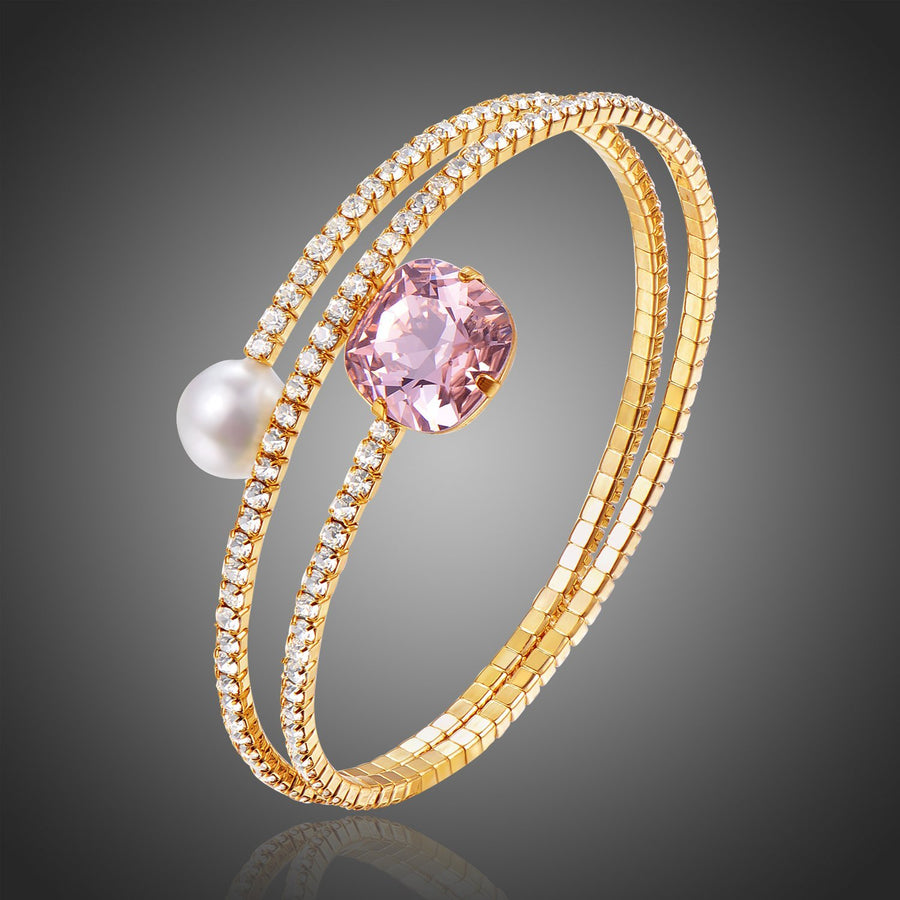 KHAISTA cubic zirconia pearl chain bracelet on white background
