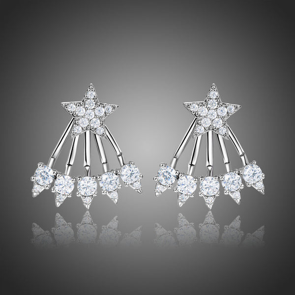KHAISTA CZ pentagram drop earrings on white background