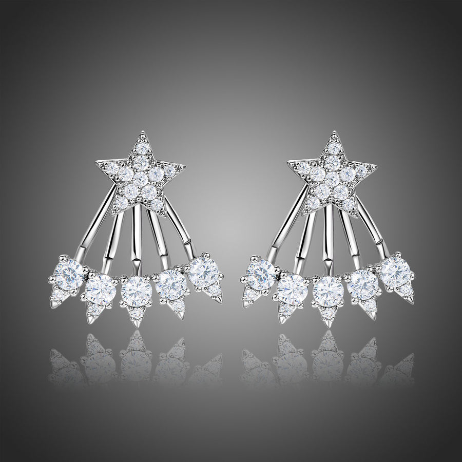 KHAISTA CZ pentagram drop earrings on white background