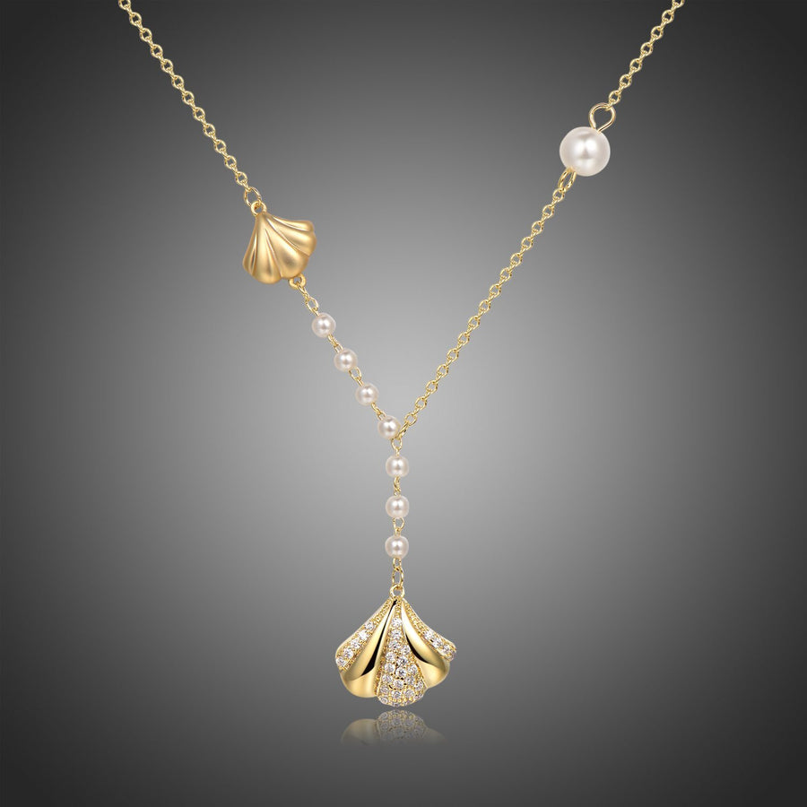 KHAISTA CZ shell long pendant necklace on white background