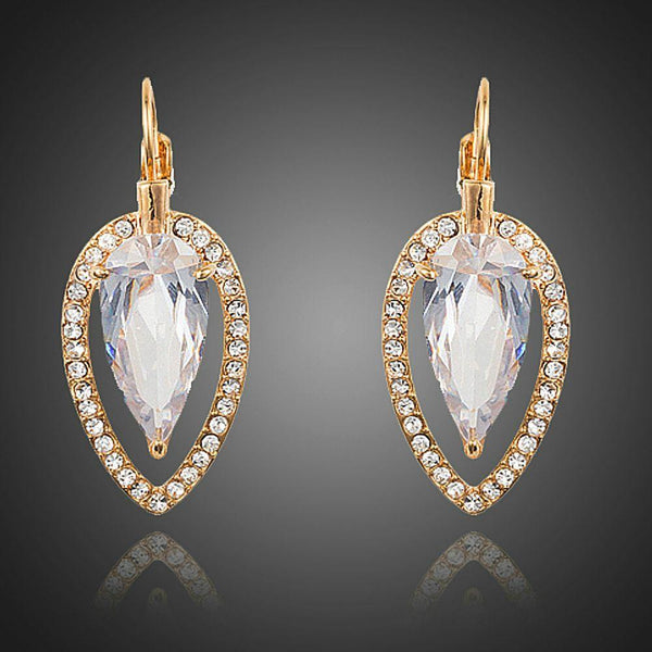 KHAISTA CZ water drop dangle earrings on white background