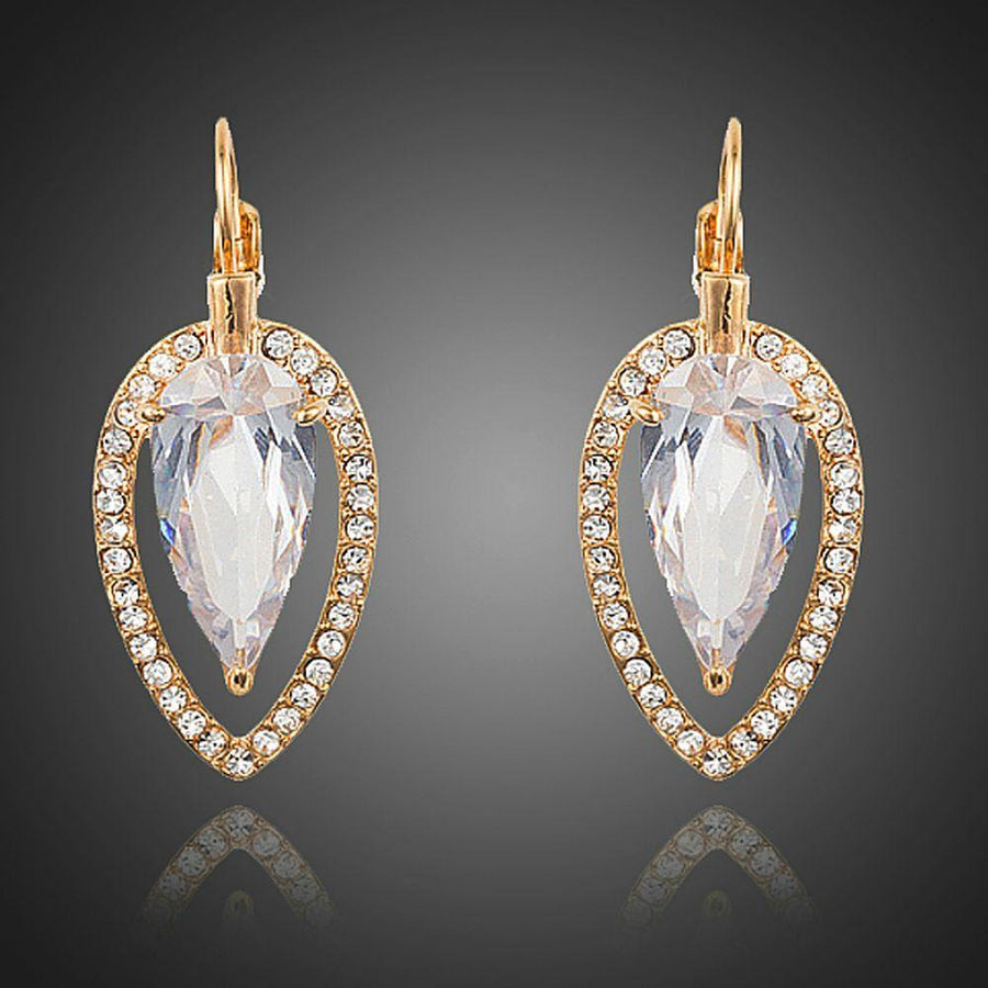 KHAISTA CZ water drop dangle earrings on white background