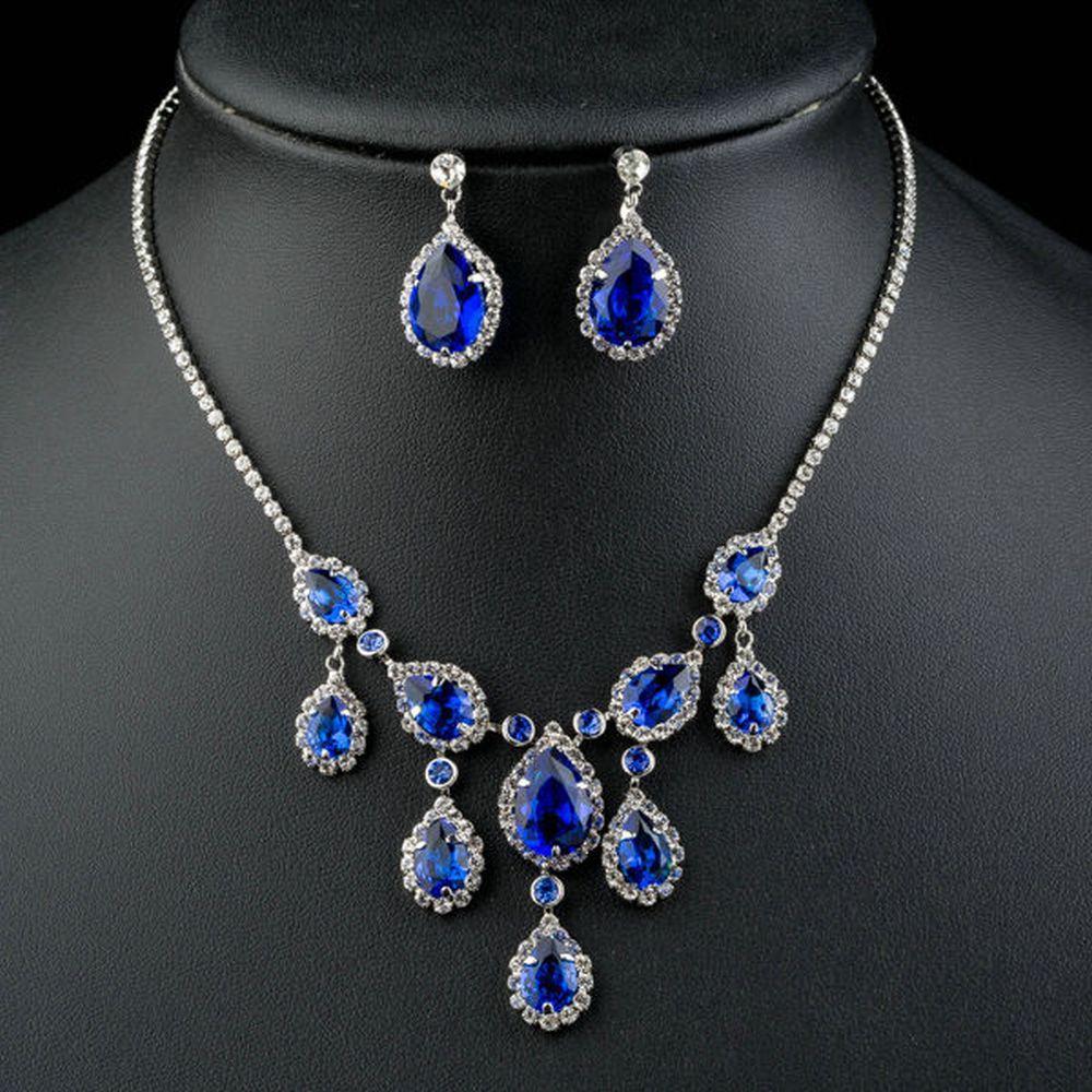 khaista dark blue sapphire cubic zirconia necklace earrings set mjg0160 image 4