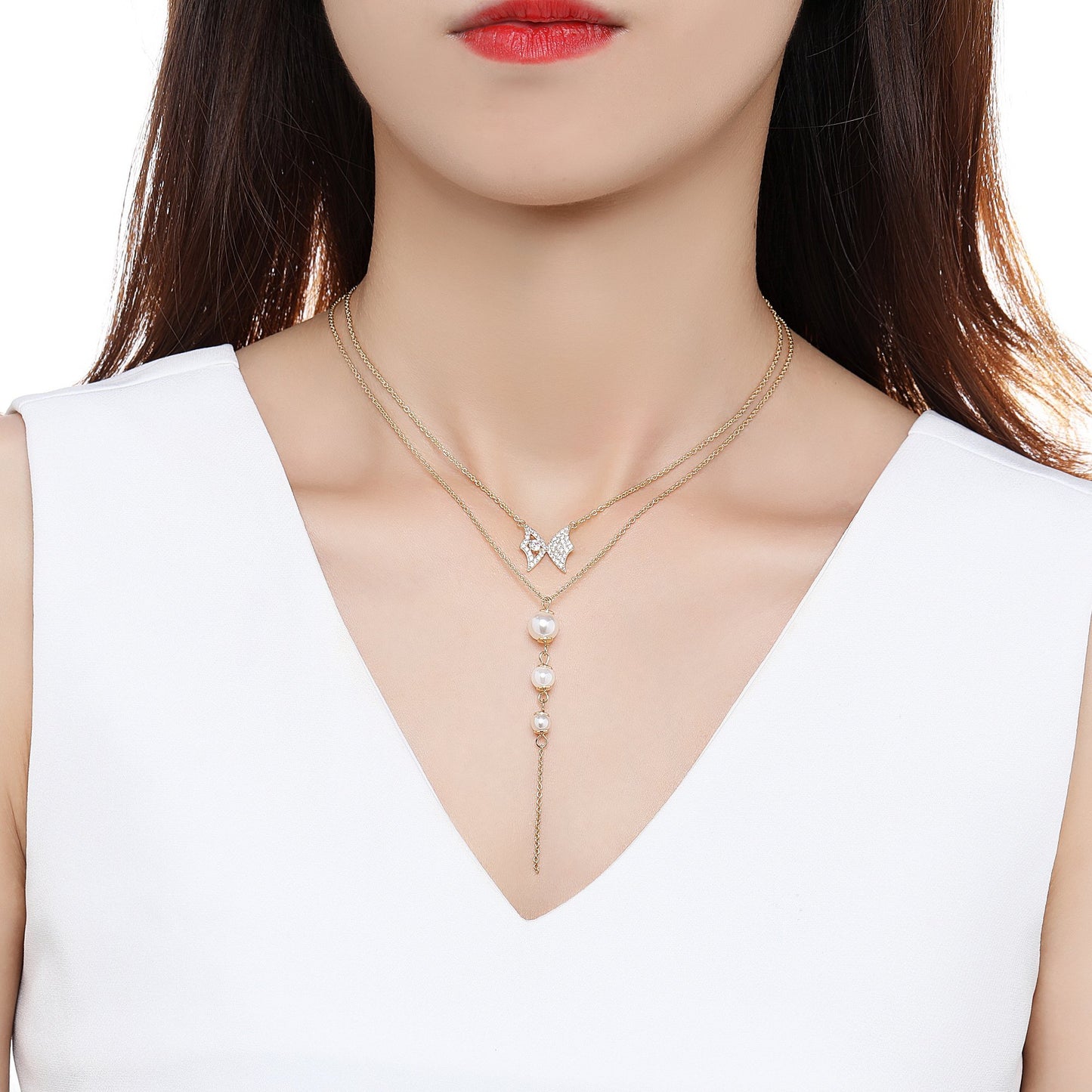 khaista double chain cubic zirconia pearl pendant necklace kpn0281 image 4