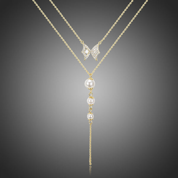 KHAISTA double chain CZ pearl pendant necklace on white background