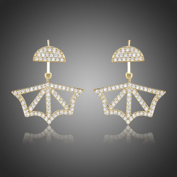 KHAISTA fan design crystal dangle earrings on white background