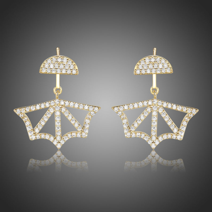 KHAISTA fan design crystal dangle earrings on white background