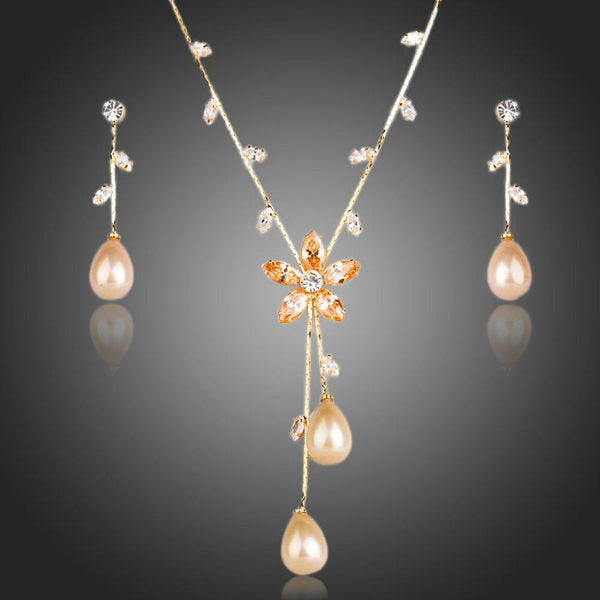 Khaista gold pearl cubic zirconia necklace earrings set