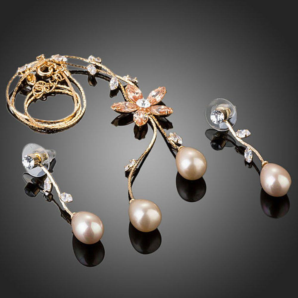 khaista gold color imitation pearl cubic zirconia earrings and necklace set image 4
