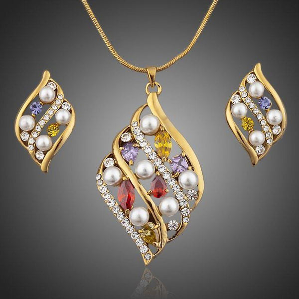 Khaista gold plated multicolour crystal stud earrings pendant set