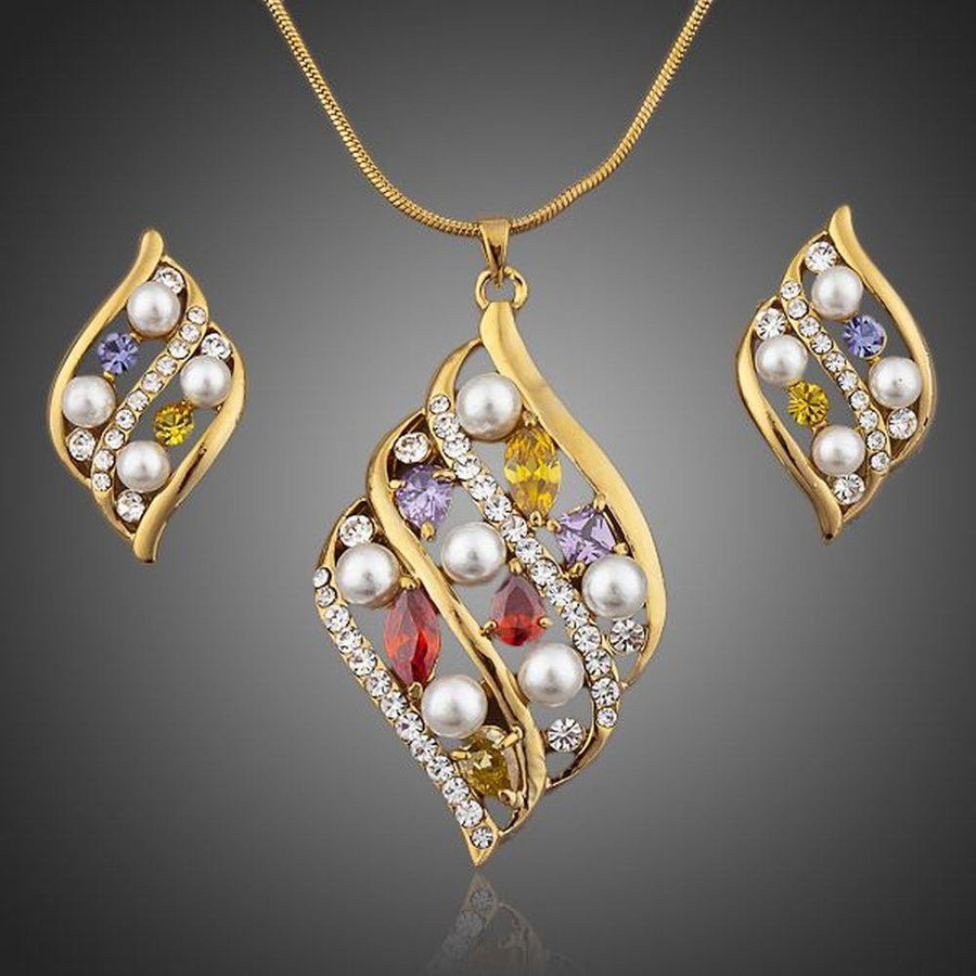 Khaista gold plated multicolour crystal stud earrings pendant set