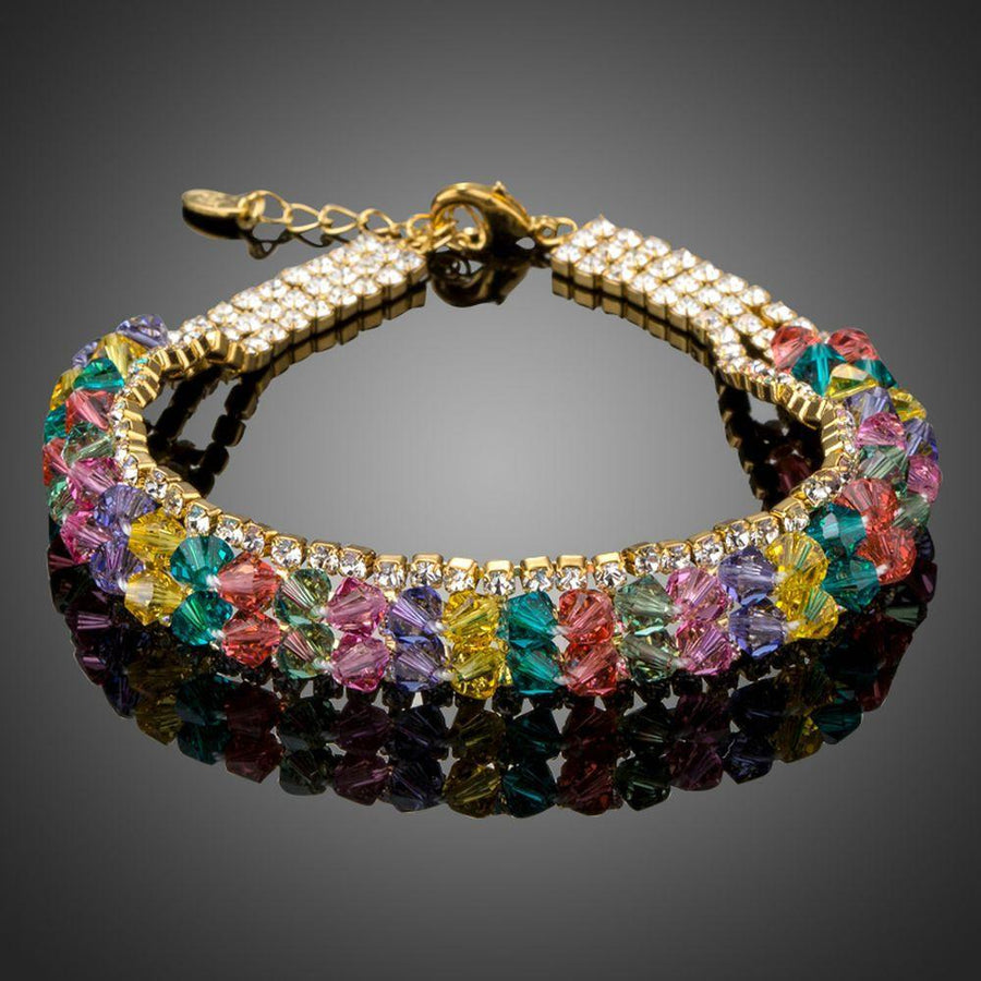 KHAISTA gold plated multicolour crystal bead bracelet on white background