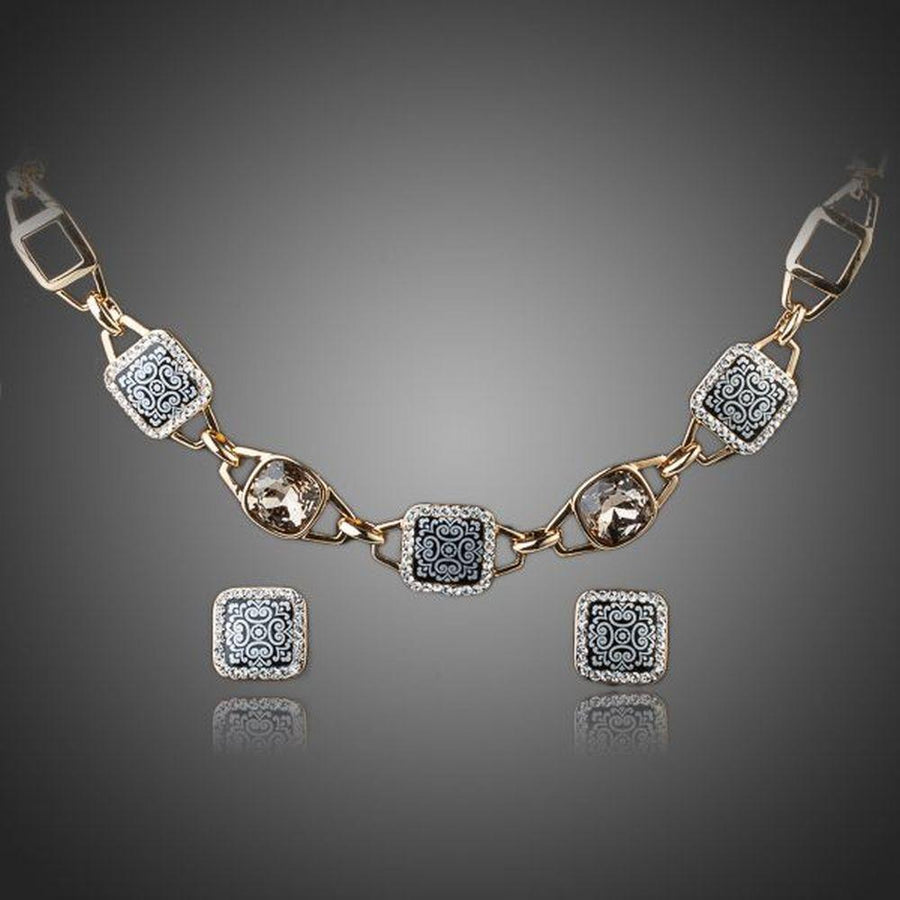 Khaista gold plated square crystal stud earrings necklace set