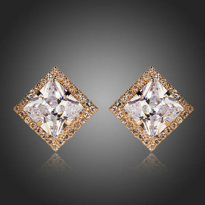 Gold Plated Square Cubic Zirconia Stud Earrings - KHAISTA Fashion Jewellery