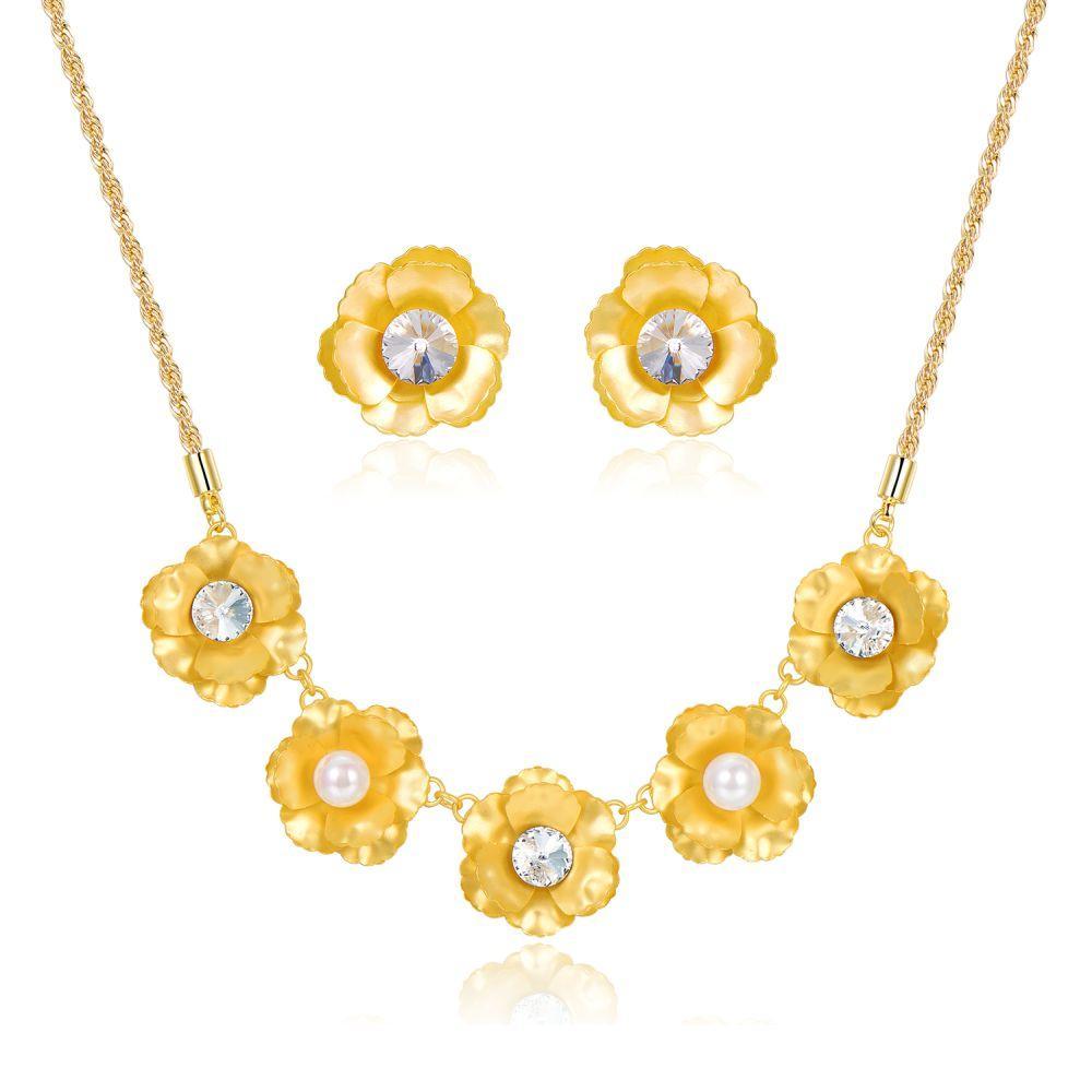 khaista golden flower pearl stud earring and necklace jewellery set pr0262 image 5