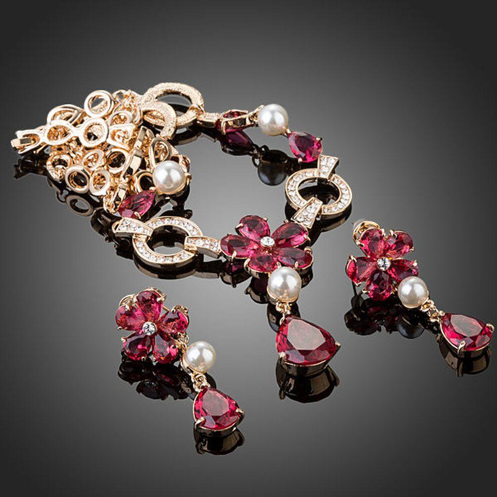 khaista golden garnet flower cz water drop jewelry set image 4