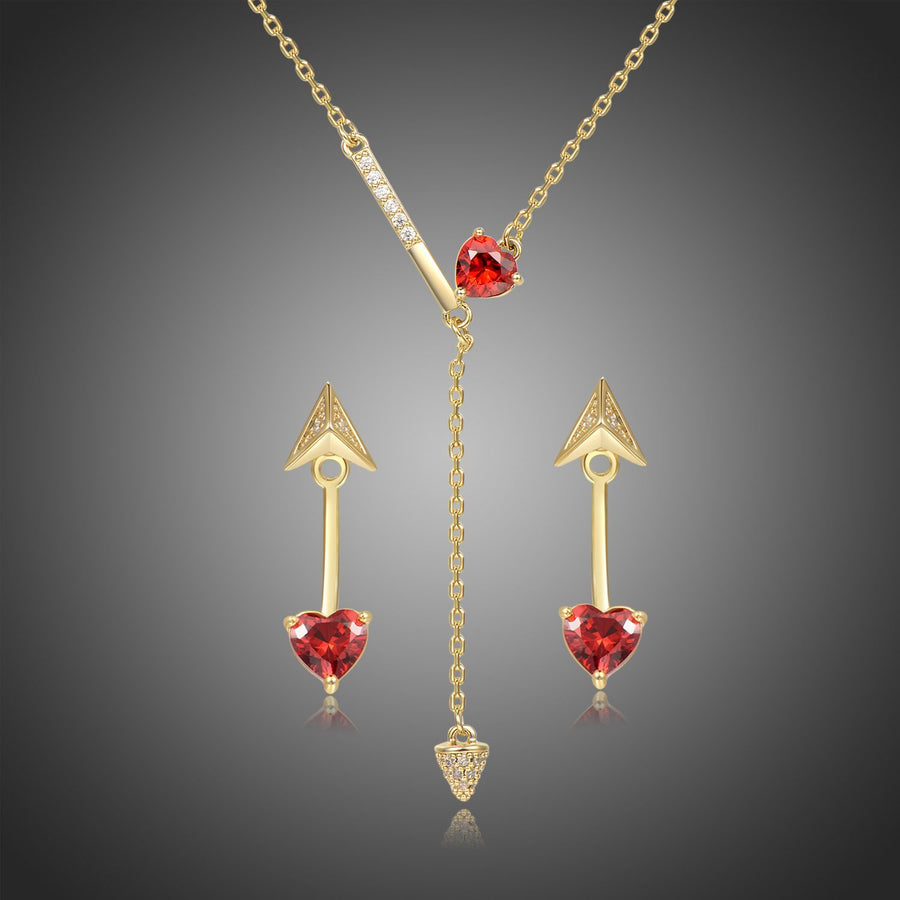 Khaista gold red cubic zirconia heart jewellery set on white background