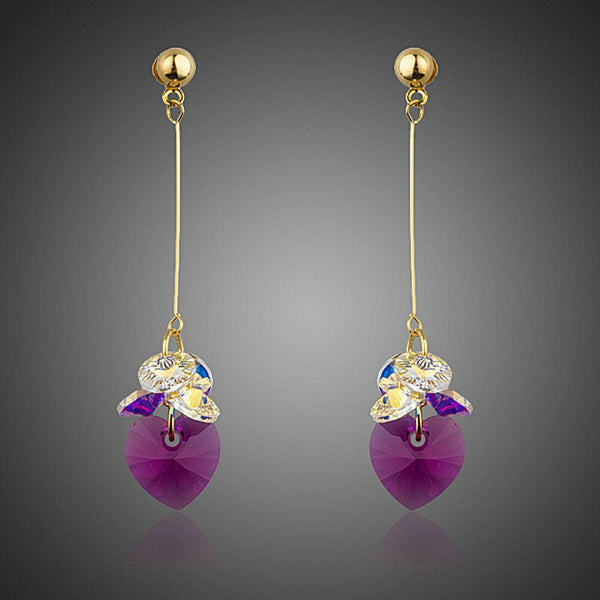 KHAISTA gradient heart crystal drop earrings on white background