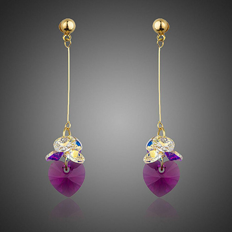 KHAISTA gradient heart crystal drop earrings on white background