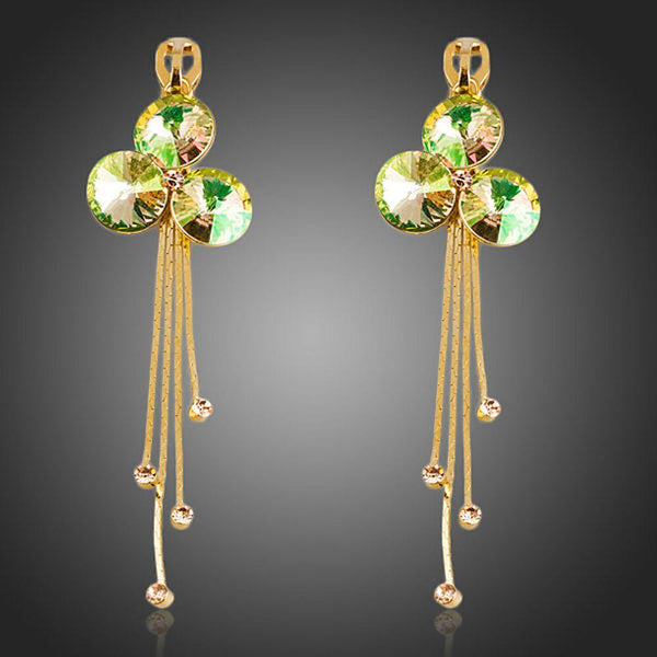 KHAISTA gradual change crystal drop earrings on white background