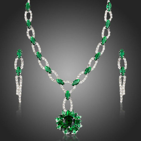 Khaista green cubic zirconia floral necklace drop earrings set