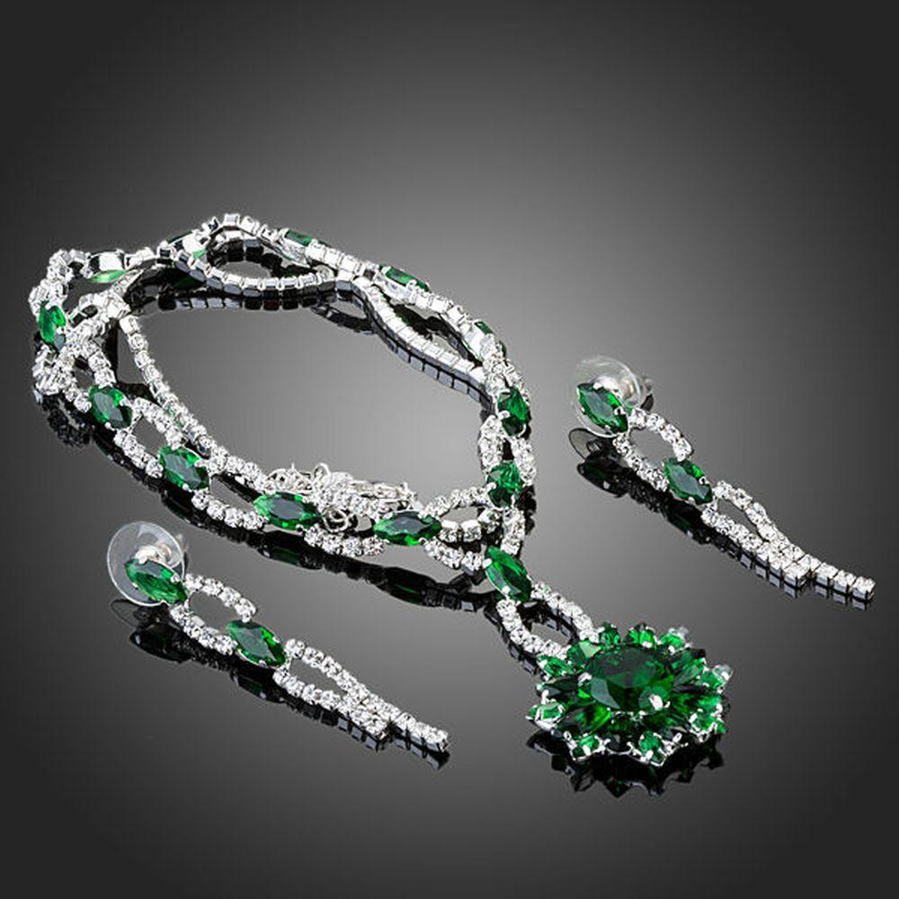 khaista green cubic zirconia flower necklace drop earrings set image 4