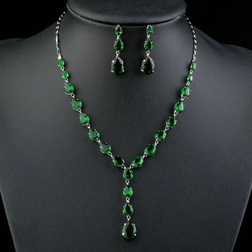 khaista green cubic zirconia tear drop pendant necklace and earrings set mjg0148 image 4