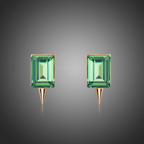 KHAISTA green rectangle crystal stud earrings on white background