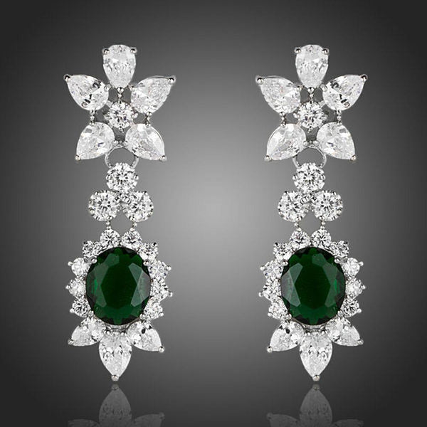 KHAISTA hooker's green CZ crystal drop earrings on white background