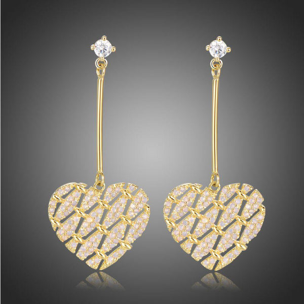 KHAISTA light pink zirconia heart drop earrings on white background