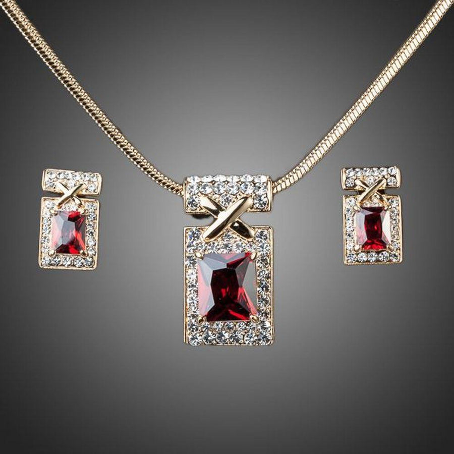 Khaista dark red crystal necklace and earrings set on white background
