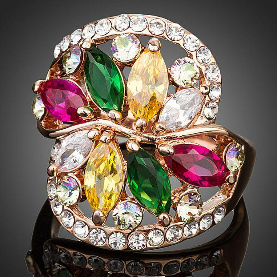 Premium luxury flower cubic zirconia ring design displayed on a clean white background